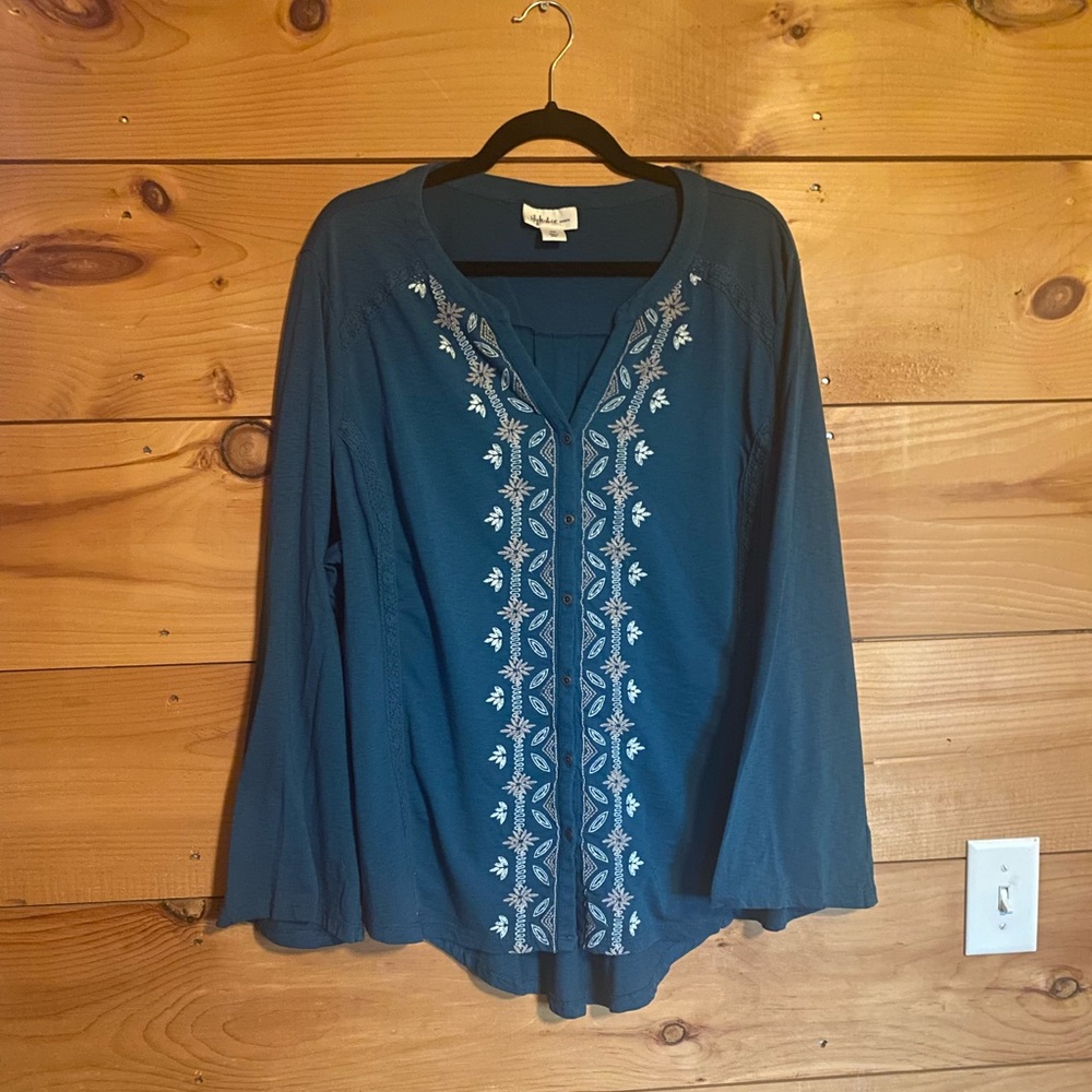 Style & Co Women’s Plus Size Teal Boho Long Sleeve Shirt 3x Cotton Blend